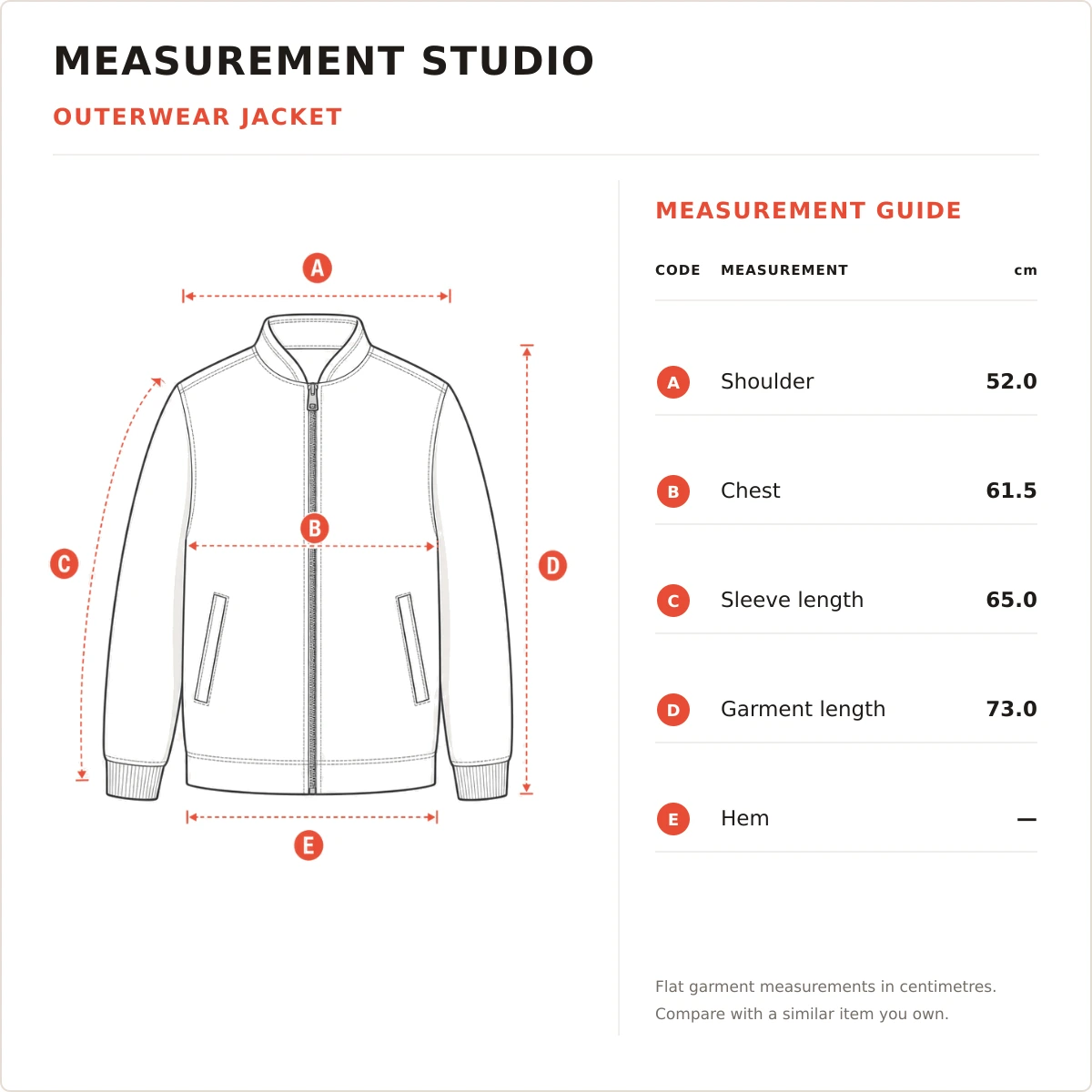 Ombre Zip-Front Denim Jacket measurement guide